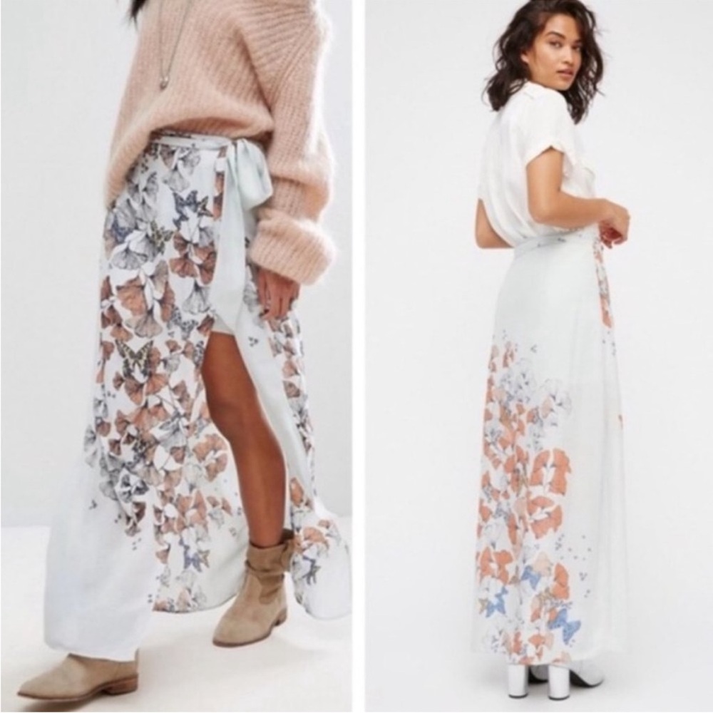 Floral Tie-Waist Maxi Skirt in Light Blue and Peach